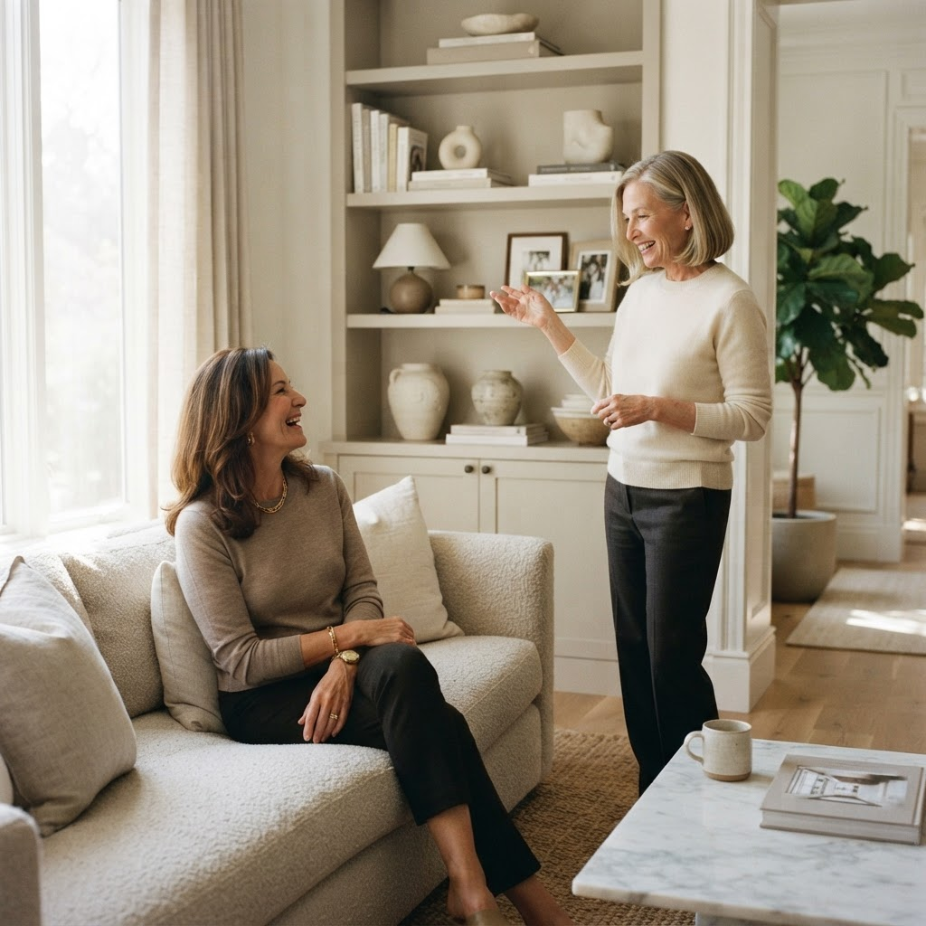 Nathalia talking warmly with a client in a sunlit living room