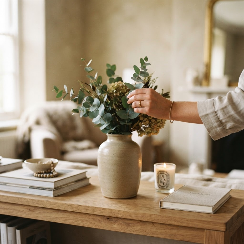 Nathalia adding a finishing detail to a styled room
