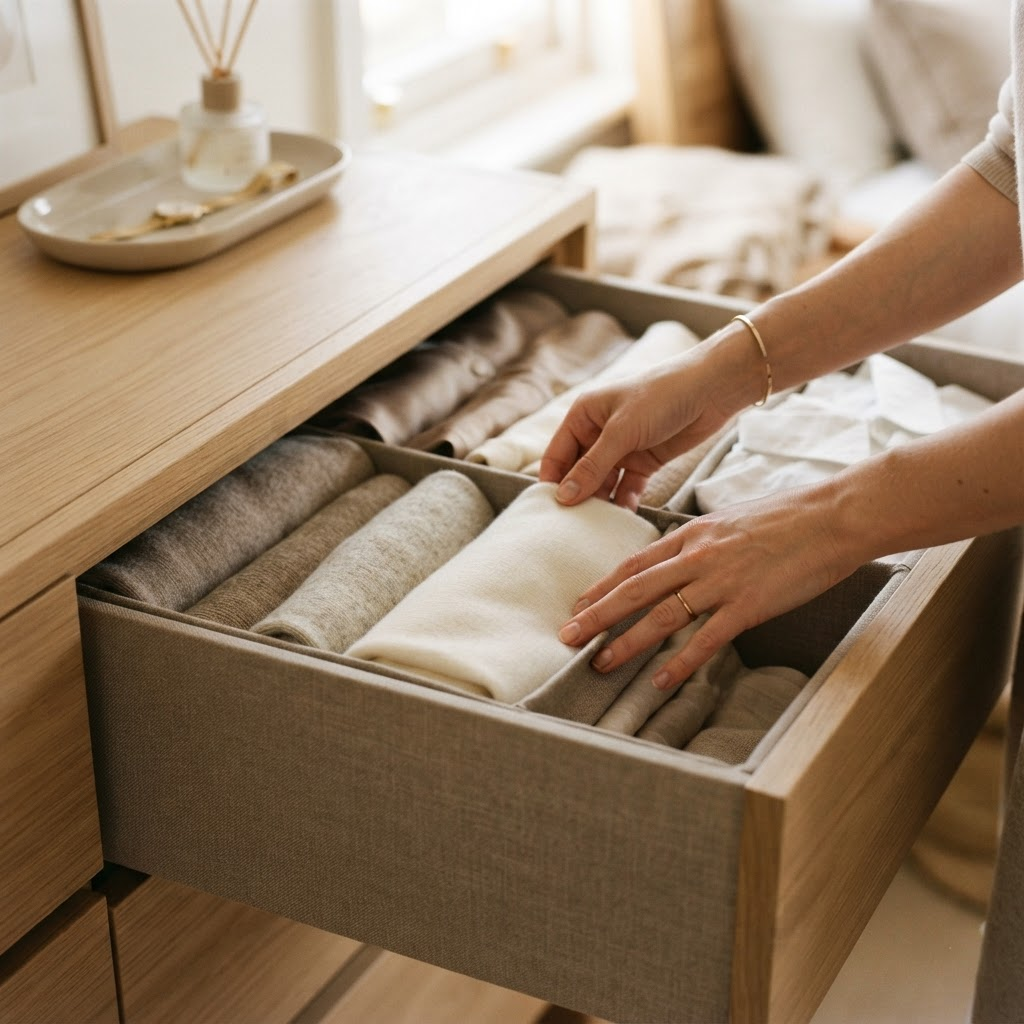 Nathalia organizing neatly folded clothing inside a drawer