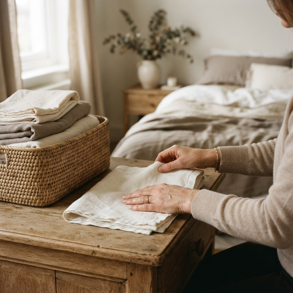 Nathalia folding and arranging soft linens