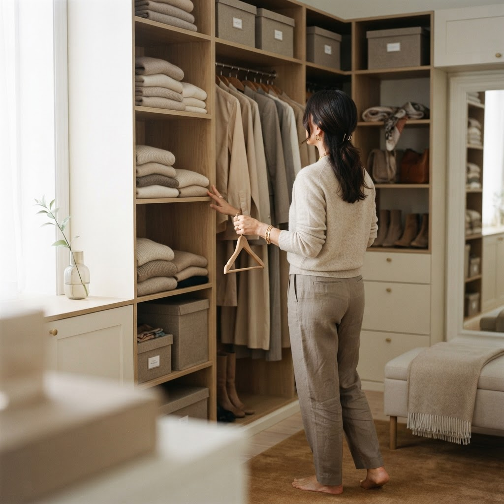 Nathalia arranging a beautifully organized closet
