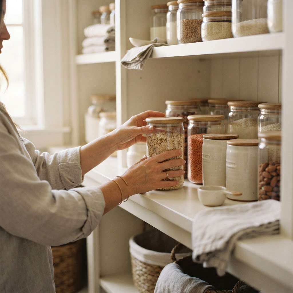 Nathalia styling a shelf with matching jars and ceramics