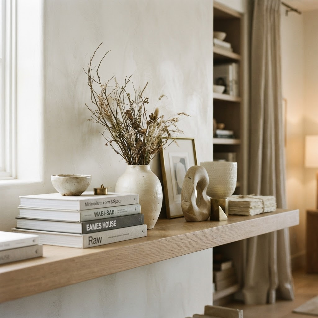 A close styled detail of the finished shelving