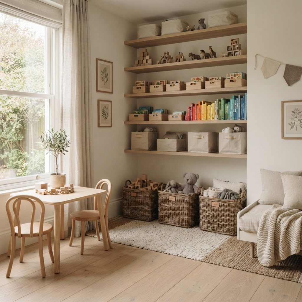 A calm, organized children's room with baskets and labeled shelves