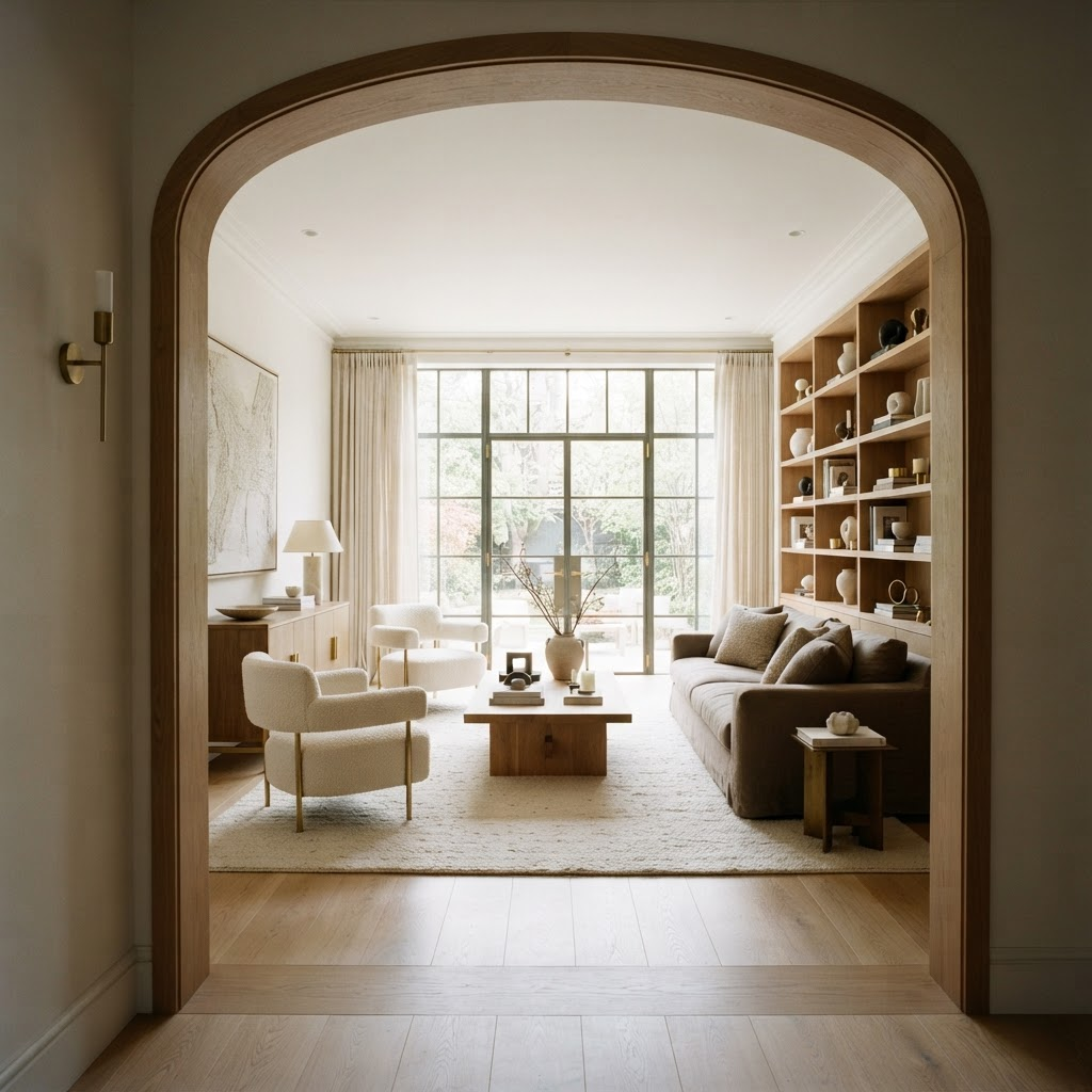 A serene, styled luxury living space viewed through a doorway